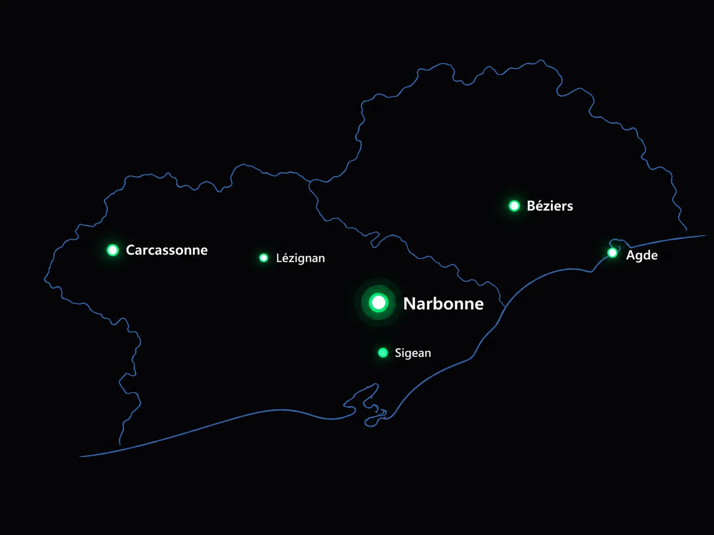 Carte de la zone d'intervention AC Auto Performance : Narbonne, Carcassonne, Lézignan, Béziers, Agde, Sigean